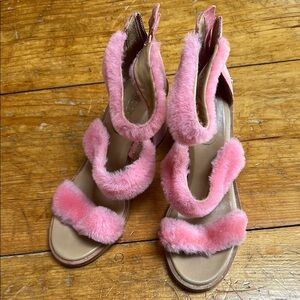 UGG Pink Fuzzy Shearling Women's High Heel Sandals